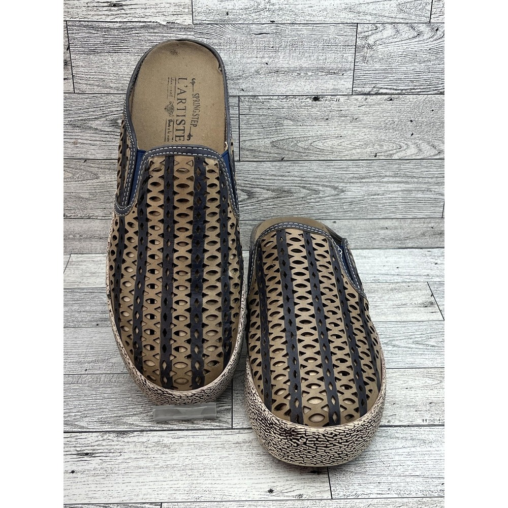 Spring Step L'Artiste Shoes Womens Size 40 Beige Blue Slip On Comfort Perforated